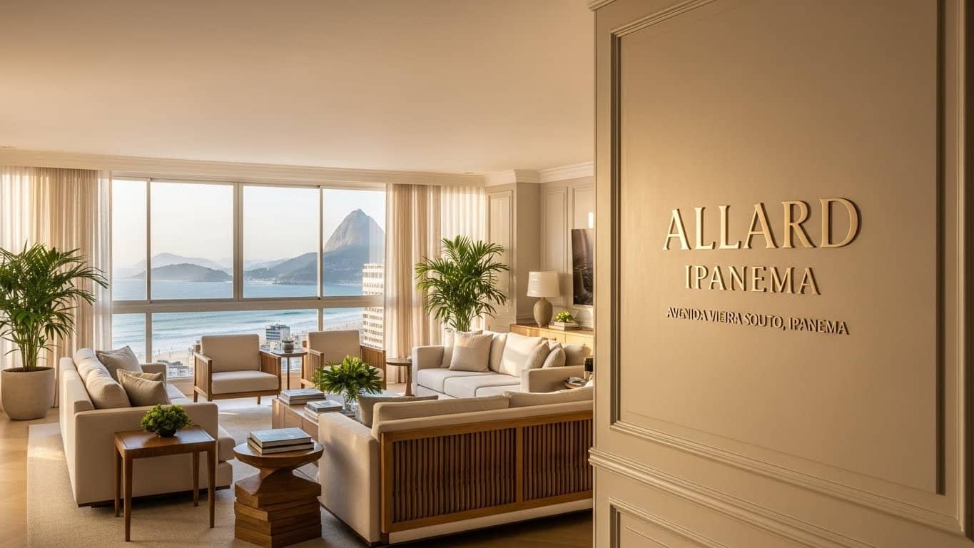 Hall de entrada do Allard Ipanema na Avenida Vieira Souto com vista para o mar de Ipanema